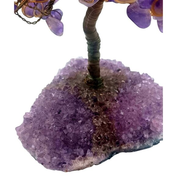 Handmade Amethyst Gemstone Bonsai Tree Of Life W/ Purple Crystal Geode Base - Picture 8 of 8